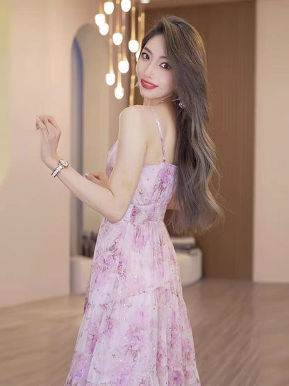 Celebrity suspender skirt female floral dress 2023 new summer high-end temperament light and familiar wind over-the-knee beautiful long skirt