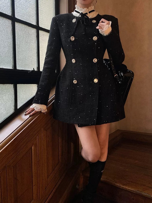 LATTITUDE/Yang Xiaolu velvet woven bright geometric lines waisted quilted jacket dress