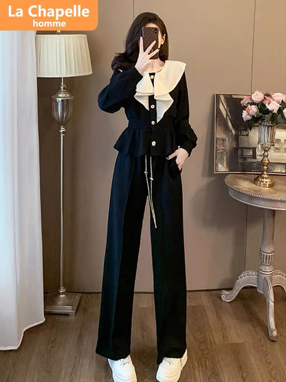La Chapelle French Casual Sports Suit Women's Autumn 2023 New Fashion Design Ruffled Two-piece Set