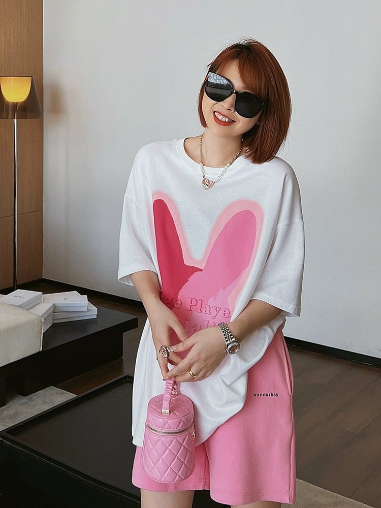 Summer rabbit print white short-sleeved t-shirt pure cotton loose top plus size women's mid-length t-shirt trendy brand