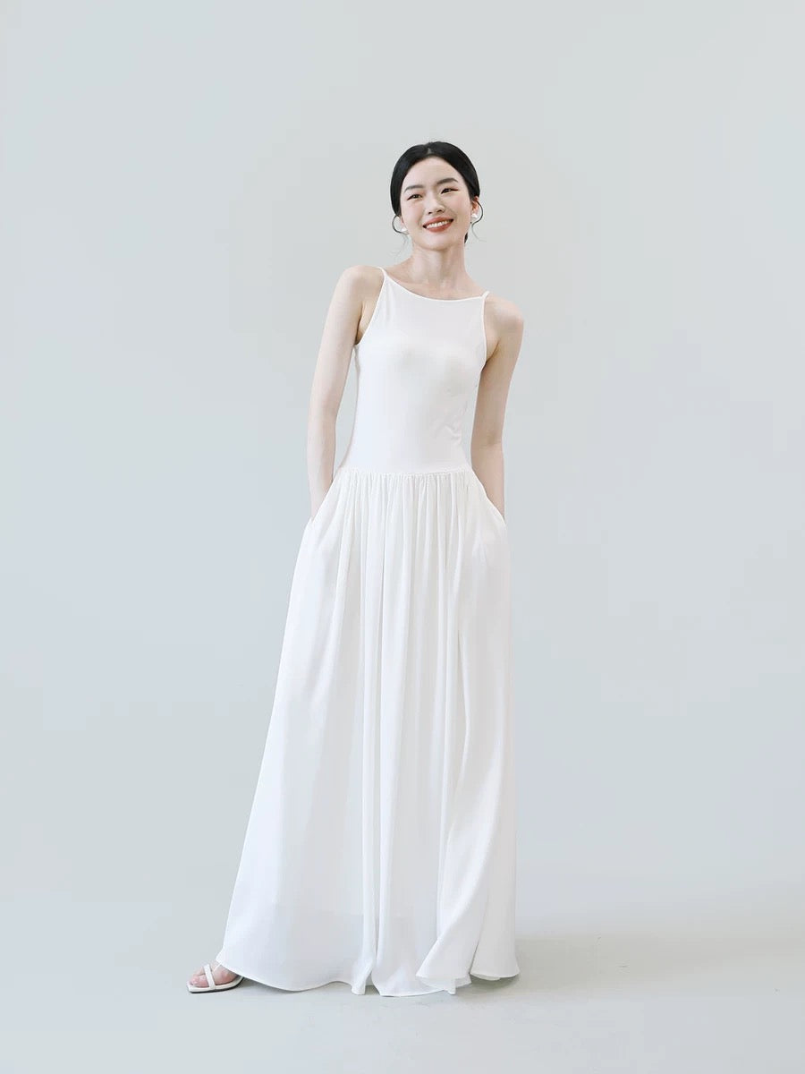 TANSSHOP casual lazy suspender long skirt low waist pleated large skirt flat neckline sleeveless dress solid color