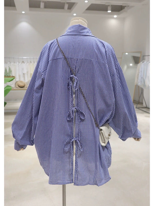 Back hollow bow tie design 2024 summer loose medium and long fine plaid thin long-sleeved shirt for women