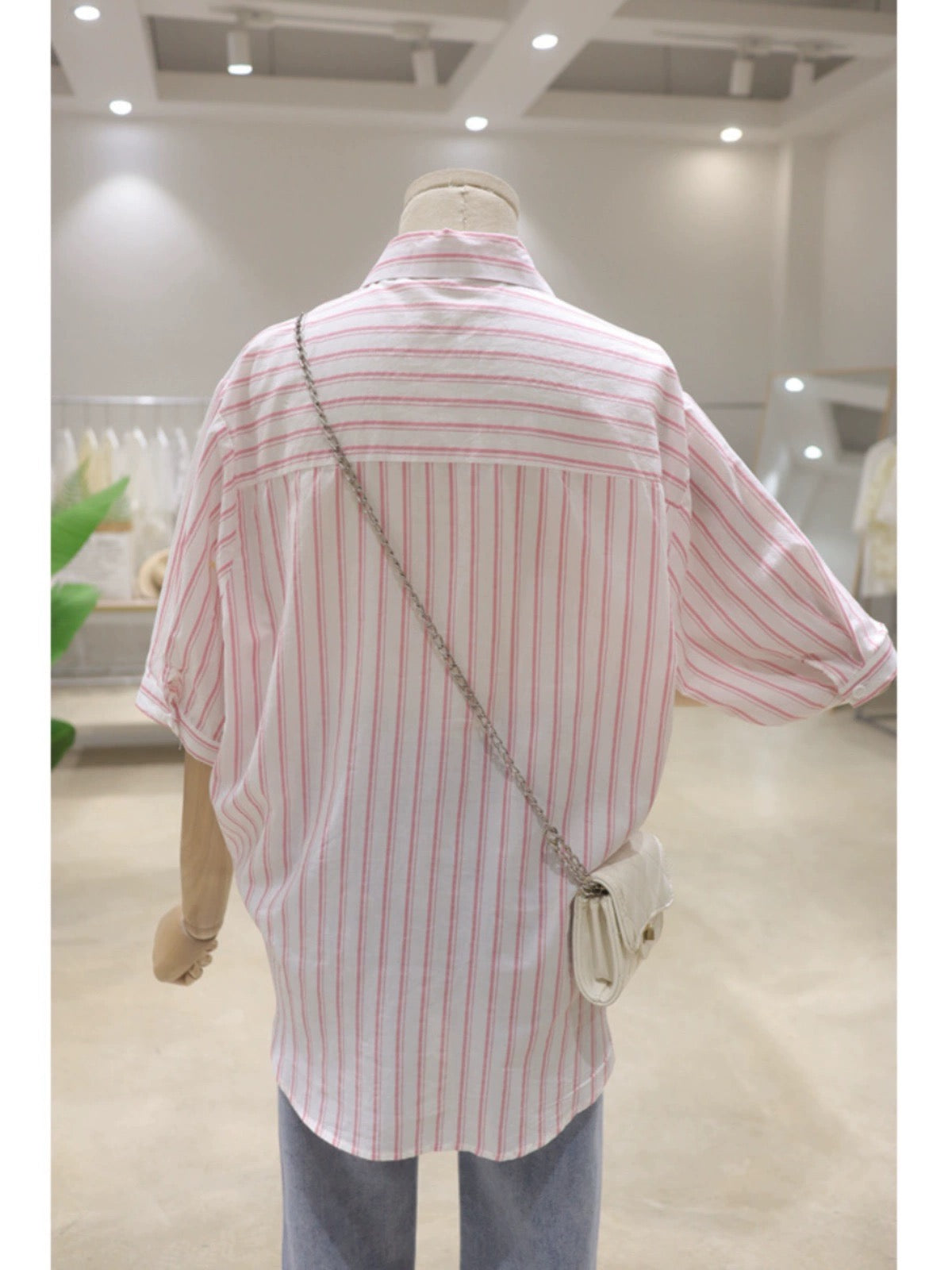 Simple pocket small love embroidery 2024 summer loose slim front short back long cotton short-sleeved striped shirt for women