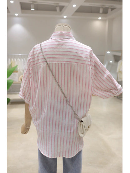 Simple pocket small love embroidery 2024 summer loose slim front short back long cotton short-sleeved striped shirt for women