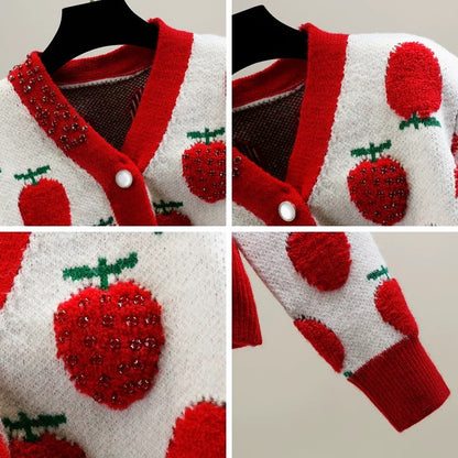 Heavy industry red diamond-encrusted cute strawberry jacquard craft color-blocked thickened short sweater with temperament and age-reducing slimming top