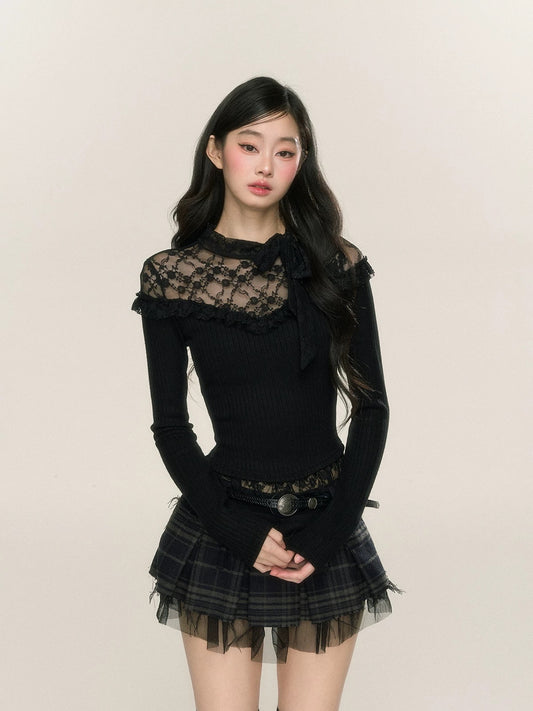 Shao Yeyan lace sniper fungus edge sweet and spicy stitching knitted sweater women's autumn and winter long sleeve hollow bottoming top