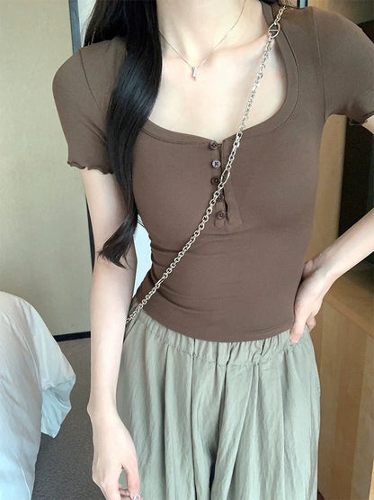 bm style pure desire half open collar short-sleeved T-shirt female summer slim hot girl short high-end exposed clavicle shoulder top