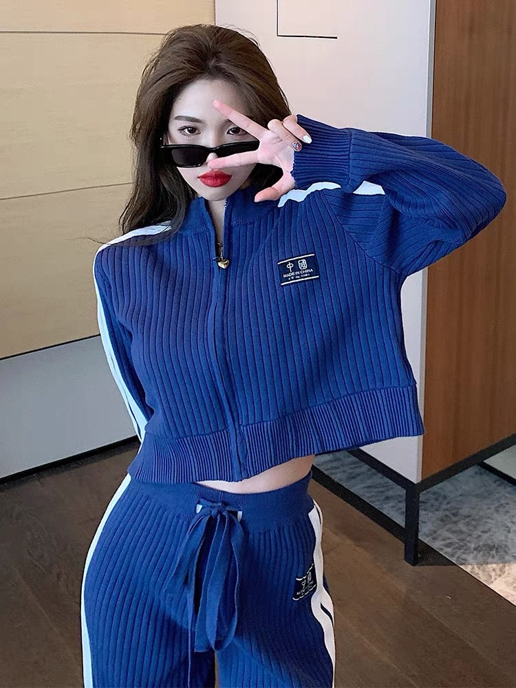 College style stand-up collar short zipper jacket blue age-reducing top high-waisted slimming wide-leg pants women's autumn and winter two-piece set