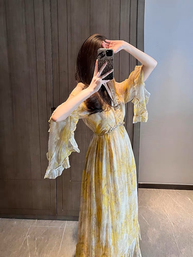 Yellow floral seaside vacation long-sleeved dress for women summer long skirt French chiffon high-end skirt fairy skirt