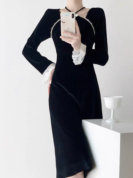 Hepburn style black velvet dress for women autumn new fashion temperament high-end French banquet dress long skirt
