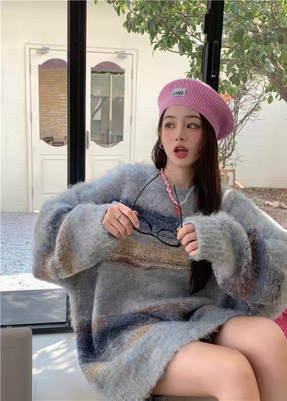 Atmospheric Mixed Color Round Neck Knitted Sweater Women's Autumn and Winter 2023 New Mid-Length Loose Lazy Style Niche Top A2241