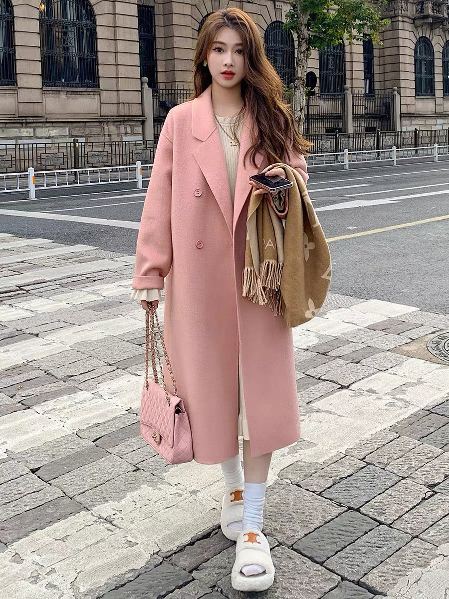 Pink double-faced velvet coat for women 2024 autumn and winter new Korean style loose mid-length Hepburn style woolen coat