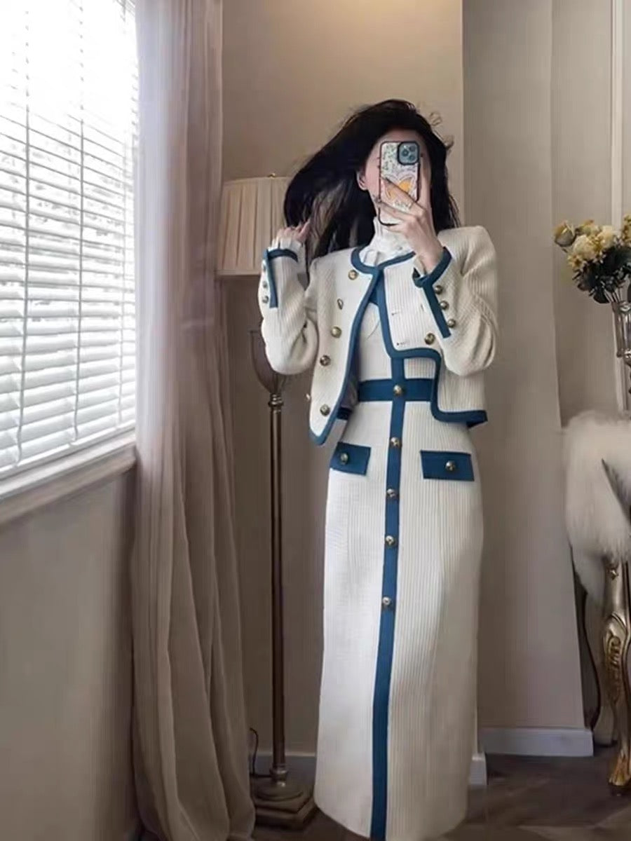 High-end small fragrance style fashionable contrasting color metal buckle short jacket suspender long skirt suit spring and autumn new two-piece set