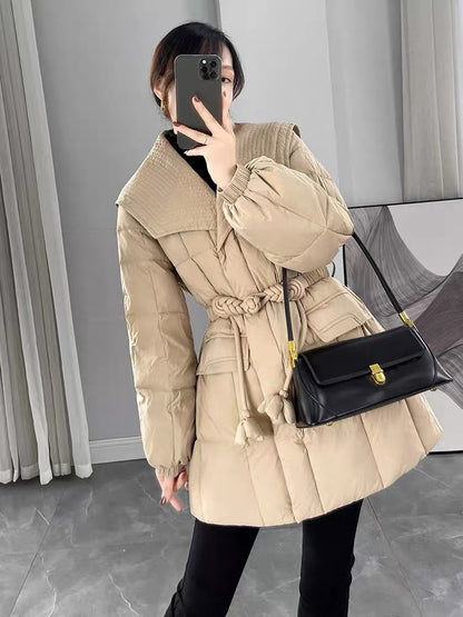 Khaki design fashionable down jacket for women winter 2023 new waist slimming mid-length white duck down jacket