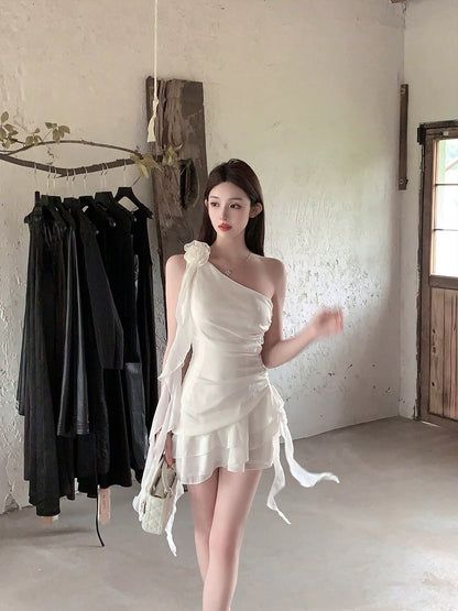 FairyJiang summer new white oblique shoulder chiffon dress waist short fairy cake skirt with flowers