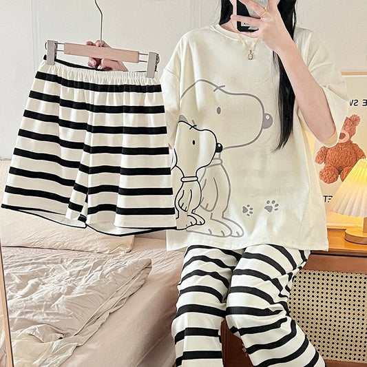 Pajamas women's short-sleeved trousers summer cotton thin junior high school students 13 girls big children cartoon cute three-piece set