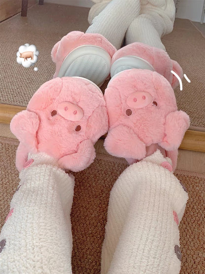 Thin strips of girly cute piglet cotton slippers for women winter soft-soled non-slip parent-child home plush confinement shoes