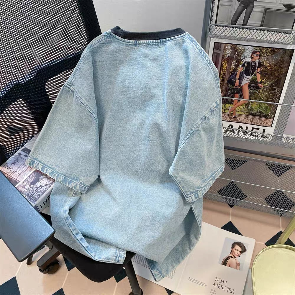 Guochao American oversize high street washed denim letter embroidery t-shirt female hiphop shoulder short-sleeved top