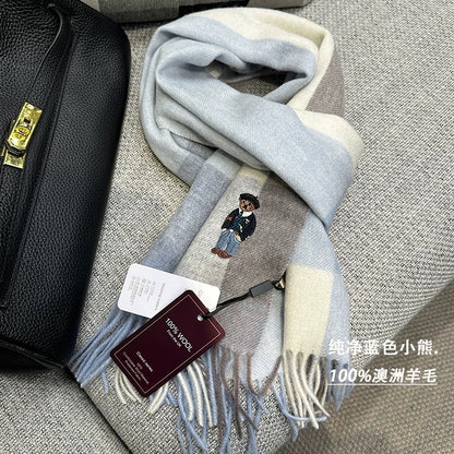 UK limited edition bear 100% Australian wool scarf retro British style men and women couple plaid thick winter