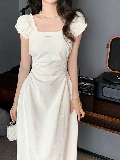 Deng Liuliu white dress for women summer French style first love square neckline waist slimming long skirt certificate small white dress D347