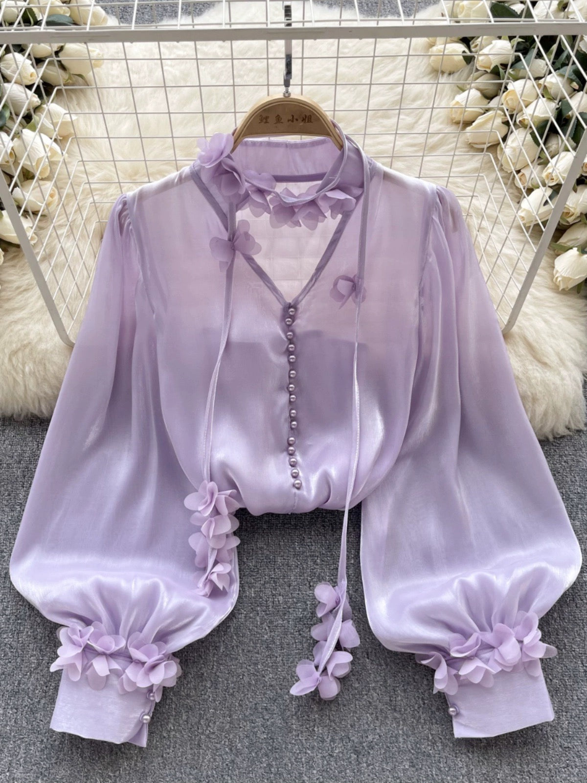 French palace style high-end mesh shirt for women in autumn with ribbon long-sleeved satin design niche and beautiful top trend