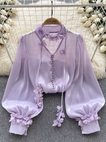 French palace style high-end mesh shirt for women in autumn with ribbon long-sleeved satin design niche and beautiful top trend