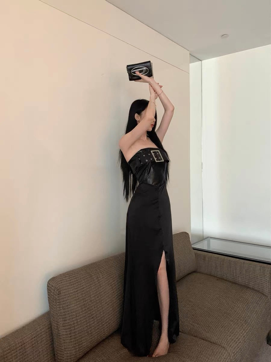 Black one-shoulder tube top dress for women in summer hot girl splicing skirt temperament and high-end slit A-line long skirt