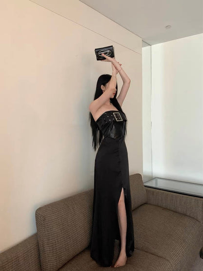 Black one-shoulder tube top dress for women in summer hot girl splicing skirt temperament and high-end slit A-line long skirt