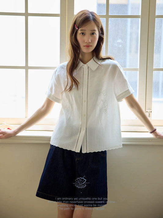 Nov elist - French-style relaxed embroidered top, fold-over short-sleeved white shirt, new summer style for women.