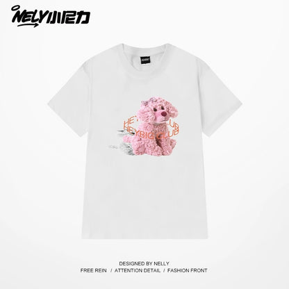 nely Little Nelly short-sleeved T-shirt for men and women with round neck new loose American retro summer pink puppy all-match top