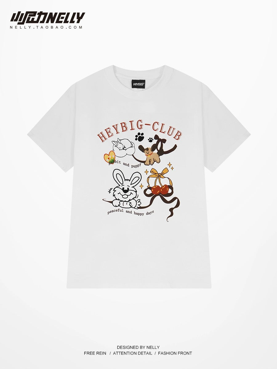 European and American high street vibe style cartoon short-sleeved T-shirts for men and women trendy brand loose oversize half-sleeved tops for summer