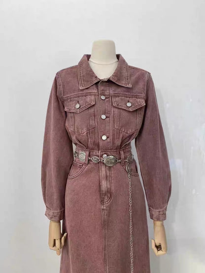 Miss Sheep 2023 New New Retro Hong Kong Style Colorful Denim Long Sleeve Polo High Waisted Waist Slim Dress Long Dress