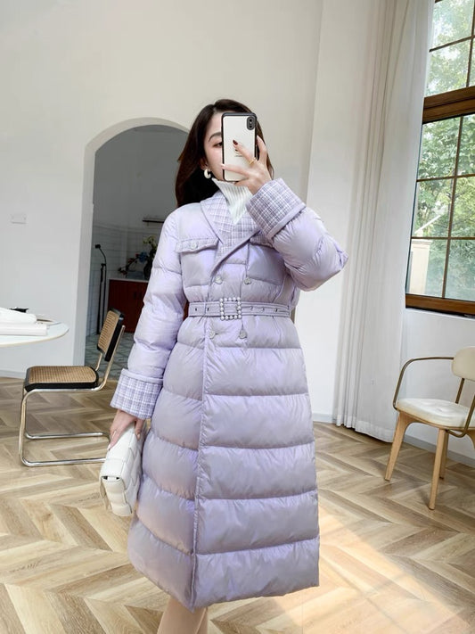 Nori gentle style French retro small fragrance style down cotton coat for women winter French plaid splicing mid-length cotton coat