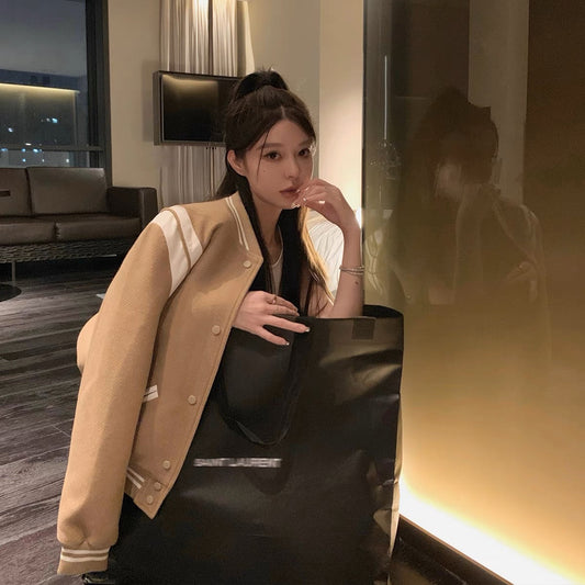 Good Morning Fanfan woolen leather contrasting color baseball uniform for women autumn and winter loose slimming gentle style Korean style casual thick coat (J231)
