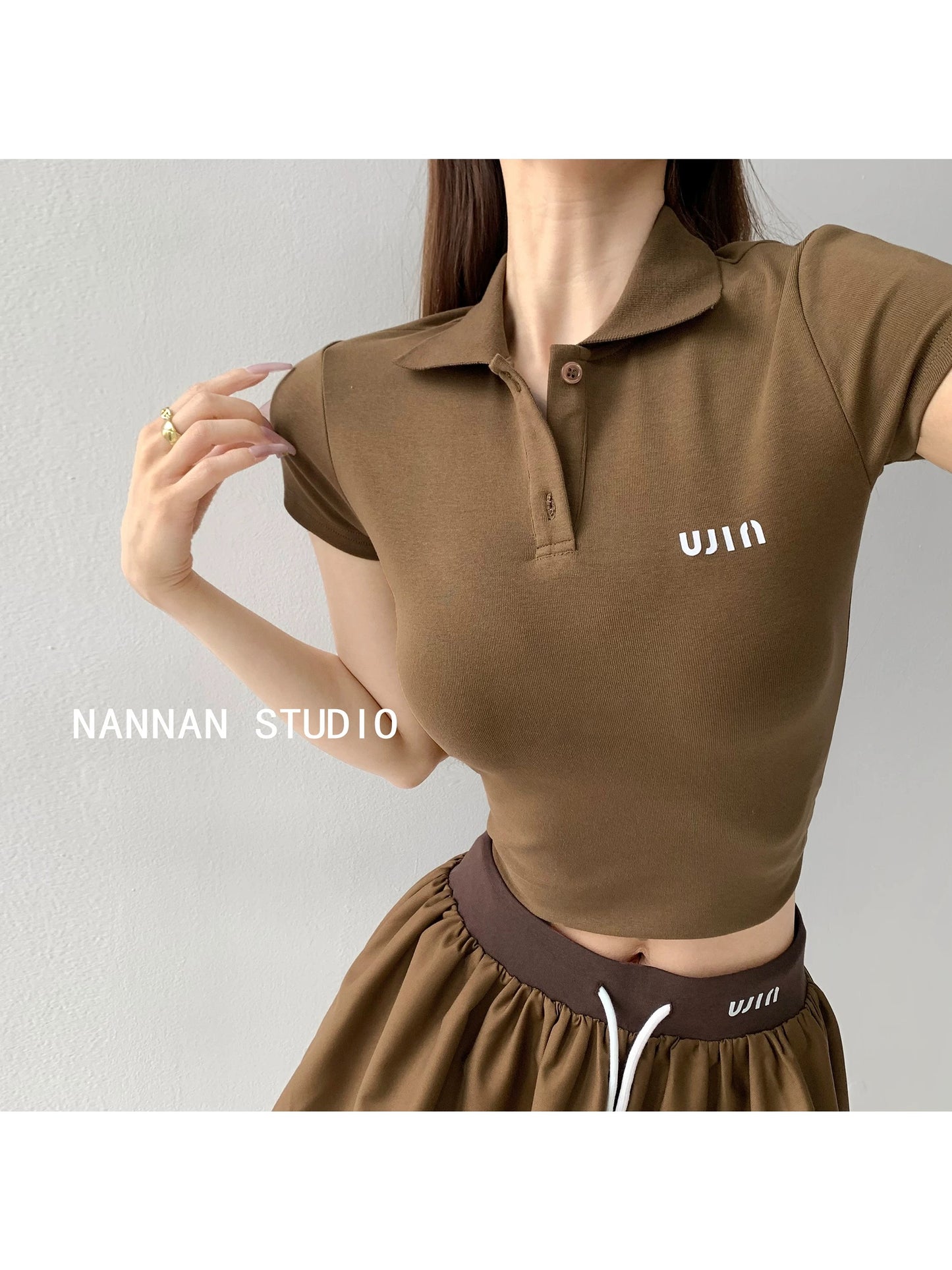Rebellious college style · contrast color high waist sports style skirt + short sleeve POLO collar slim T-shirt top two-piece set