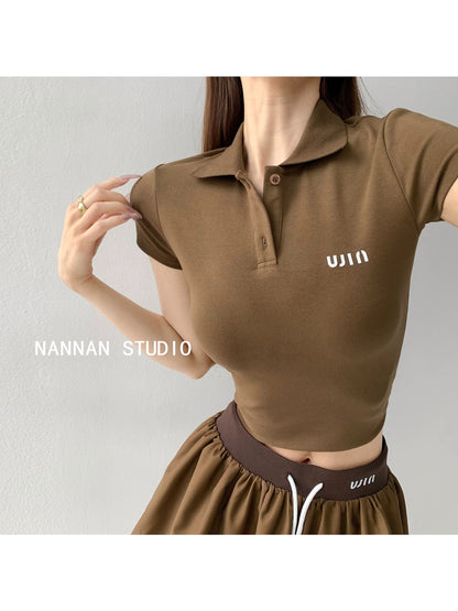 Rebellious college style · contrast color high waist sports style skirt + short sleeve POLO collar slim T-shirt top two-piece set