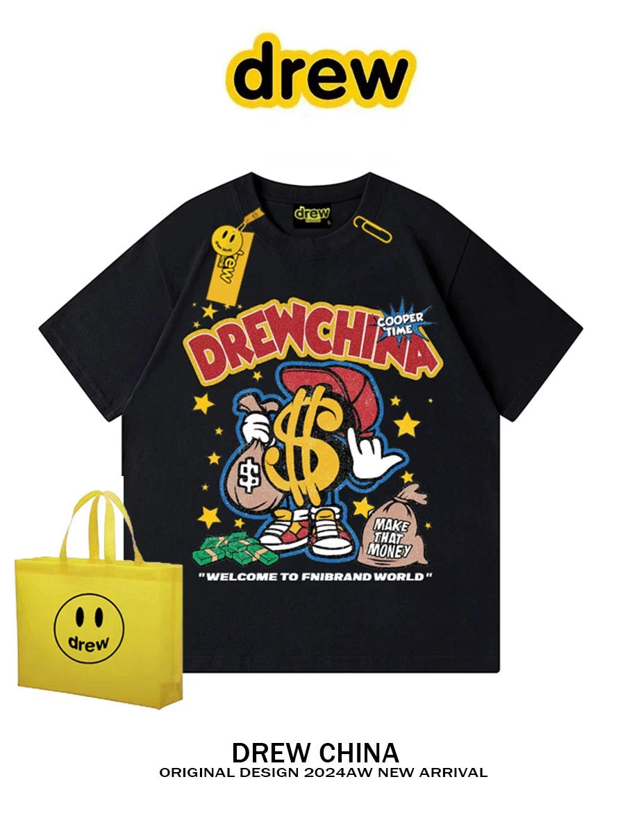 drew European and American trendy brand hip-hop print heavy short-sleeved T-shirt high street loose men and women couple wear half-sleeved top INS