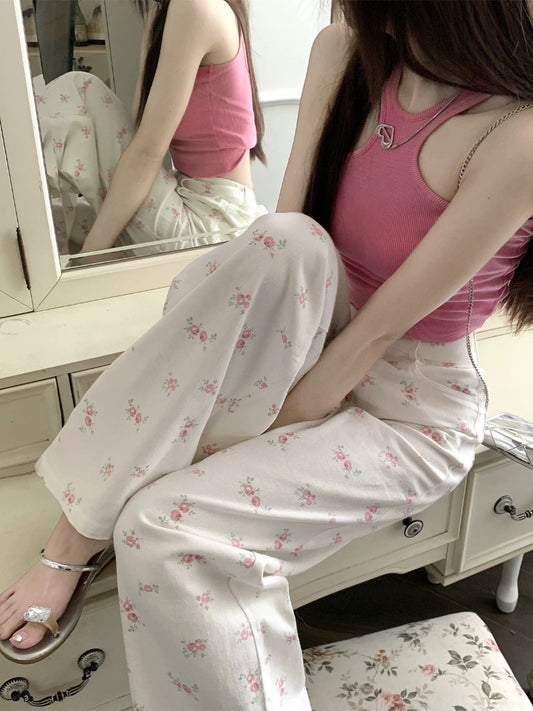 kumikumi white floral suit pants and jeans for women in spring high waist slim wide leg pants straight pants long pants
