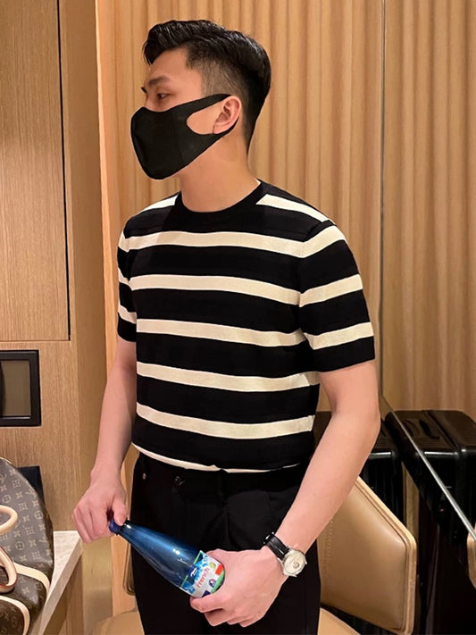 Summer new slim fit tops round neck sailor shirt knitted short sleeves men Retro style fashion contrast color striped t-shirts men