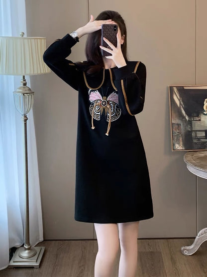 New autumn and winter fashionable temperament black dress women's Korean style loose doll collar slim long-sleeved age-reducing sweatshirt dress