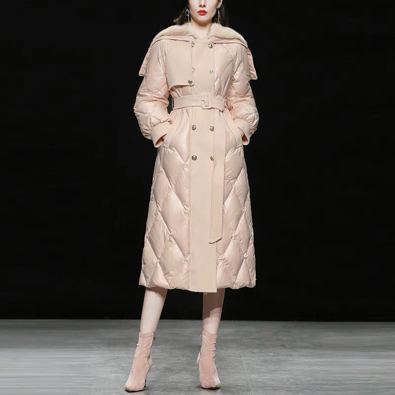 Winter women's clothing 2023 new apricot pink fur collar waist mid-length down jacket thickened knee-high white duck down