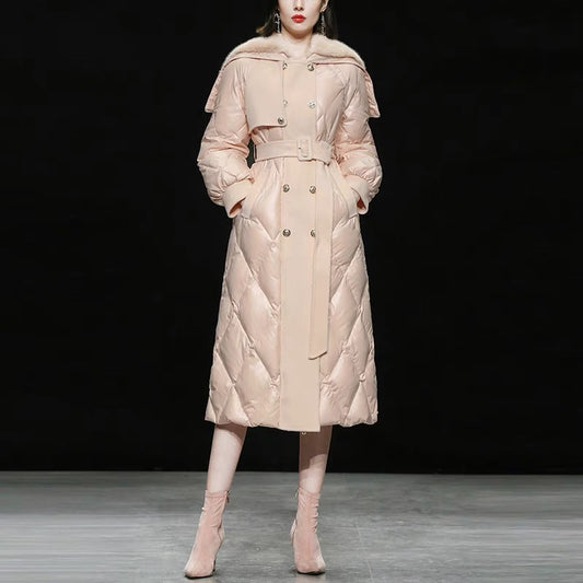 Winter women's clothing 2023 new apricot pink fur collar waist mid-length down jacket thickened knee-high white duck down