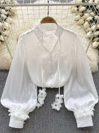 French palace style high-end mesh shirt for women in autumn with ribbon long-sleeved satin design niche and beautiful top trend