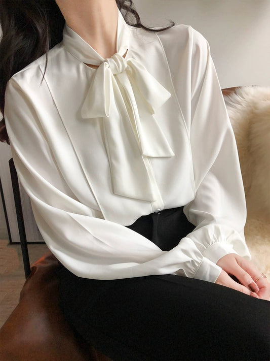 ACHU Elegant Bow White Chiffon Shirt Women's Lace-Up Workplace Commuting Shirt Professional French Formal Spring Wear