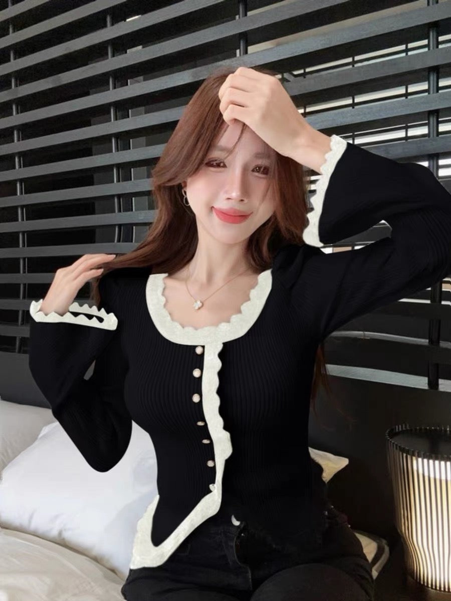 Xiaoxiangfeng puff sleeve knitted cardigan women's autumn and winter trumpet sleeve short top design niche bottoming shirt jacket