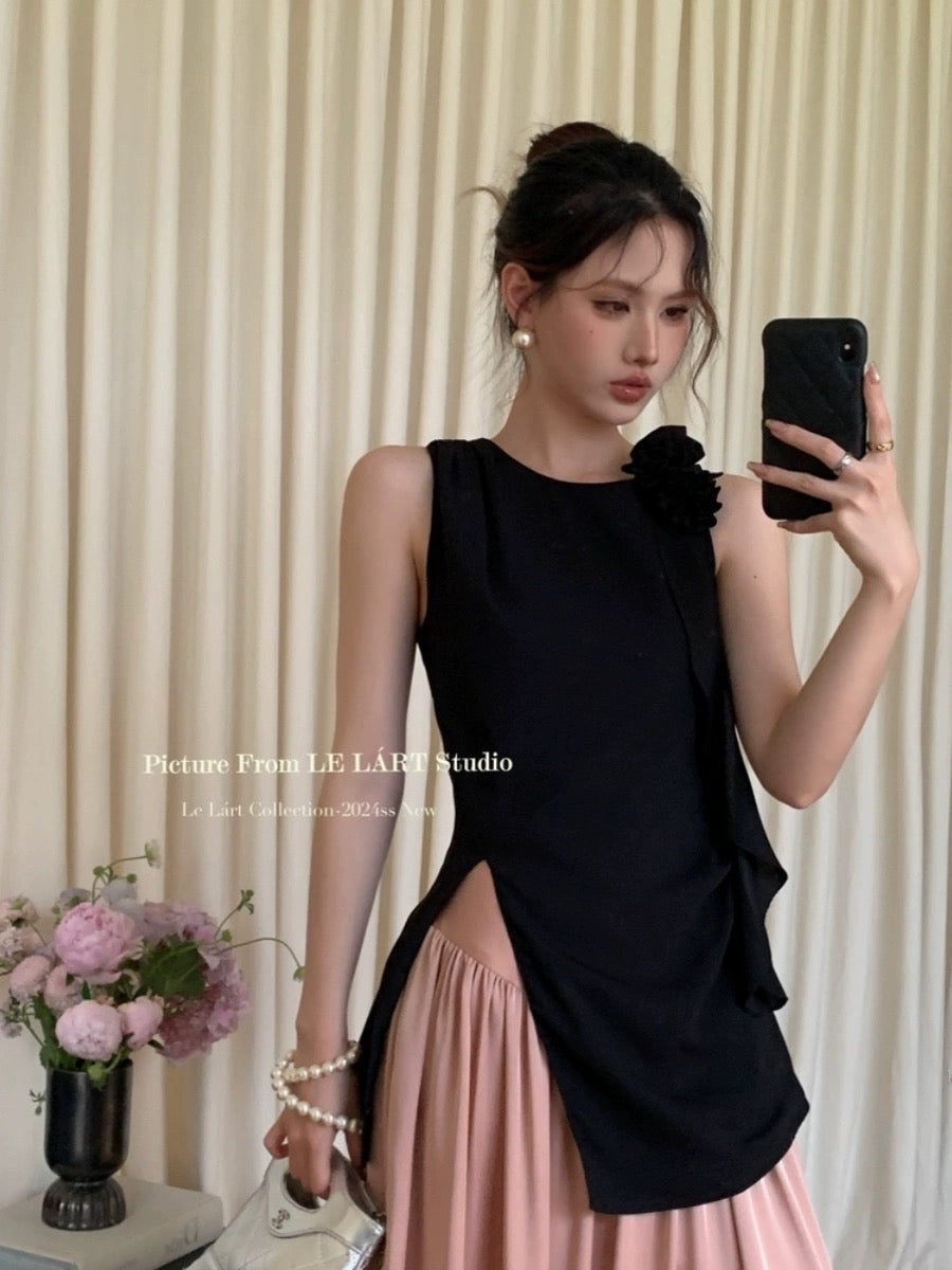 LELART summer new French temperament elegant little woman flower ribbon slim vest top slit small shirt