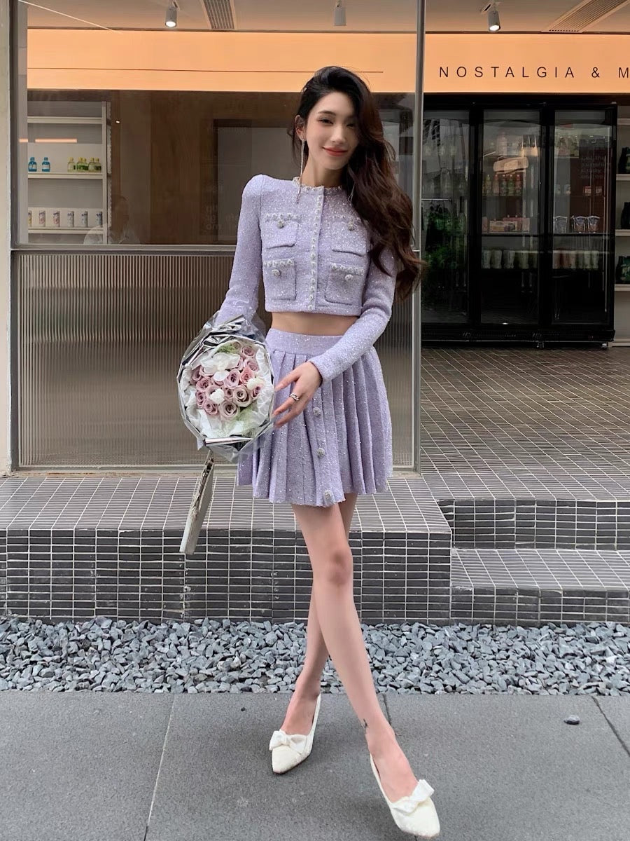 Autumn clothing is paired with a set of French gentle commuting purple sequined cardigan pleated skirt suit the same style as female stars