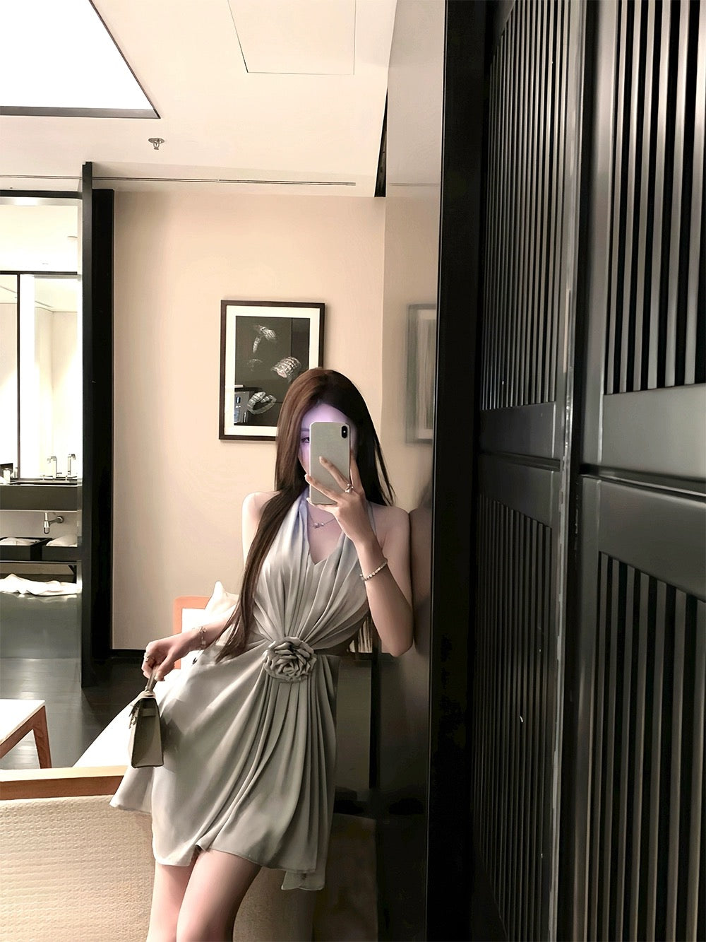 FairyJiang 2024 new style temperament V-neck sleeveless halter neck satin dress short pleated waist skirt