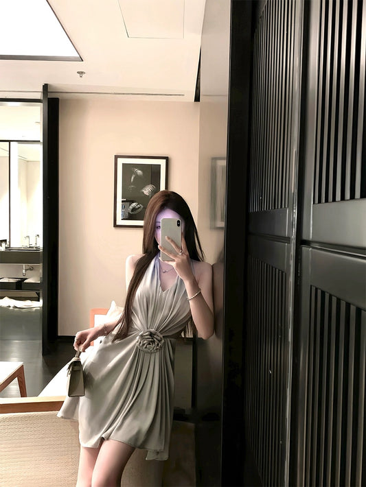 FairyJiang 2024 new style temperament V-neck sleeveless halter neck satin dress short pleated waist skirt
