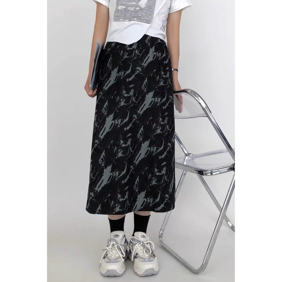 Slightly fat large size tie-dye retro woolen skirt women's A-line skirt fat mm skirt spring high-waisted mid-length pear-shaped skirt A3362